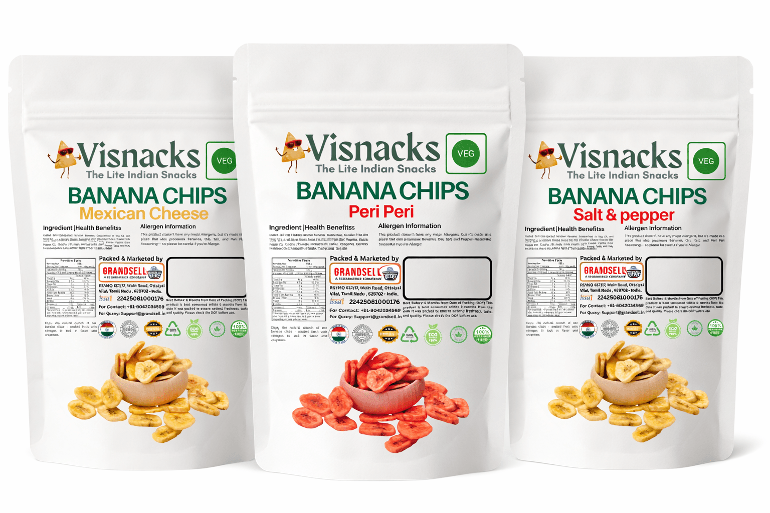 Visnacks Banana Chips – Salt & Pepper, Peri Peri & Mexican Cheese | Crunchy Indian Snacks - Grandsell