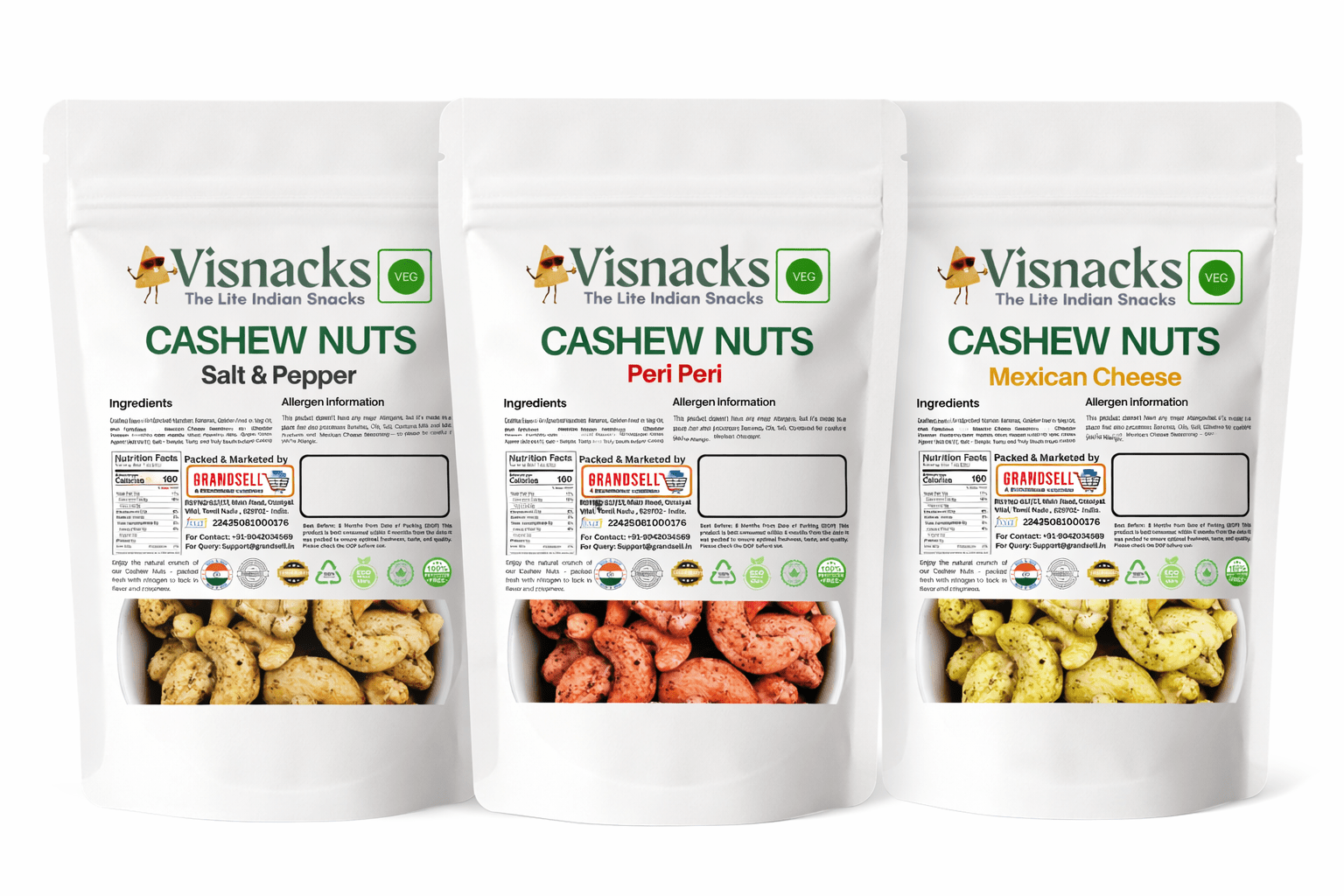 Visnacks Cashew Nuts – Salt & Pepper, Peri Peri & Mexican Cheese | Premium Flavoured Cashews - Grandsell