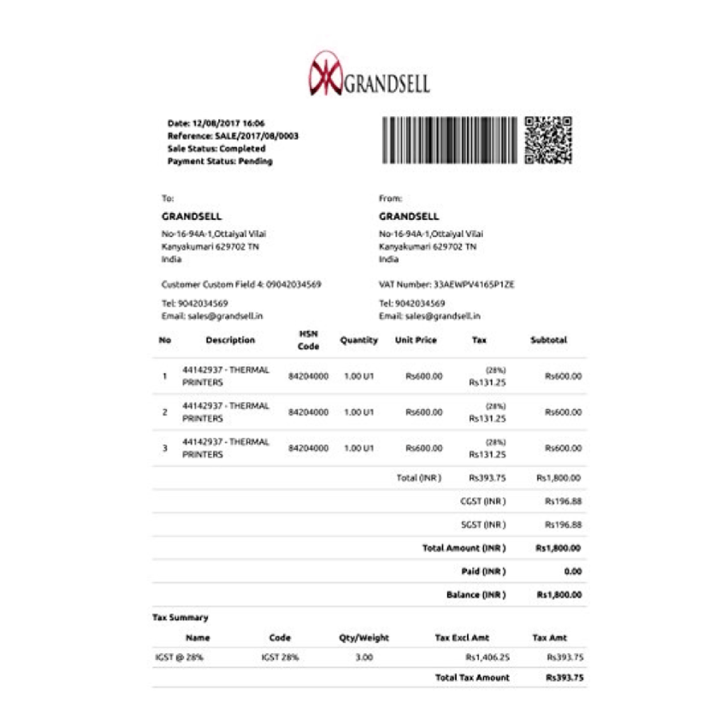 GRANDSE Point Of Sale Billing Software Single User 1 year Subscription - Grandsell