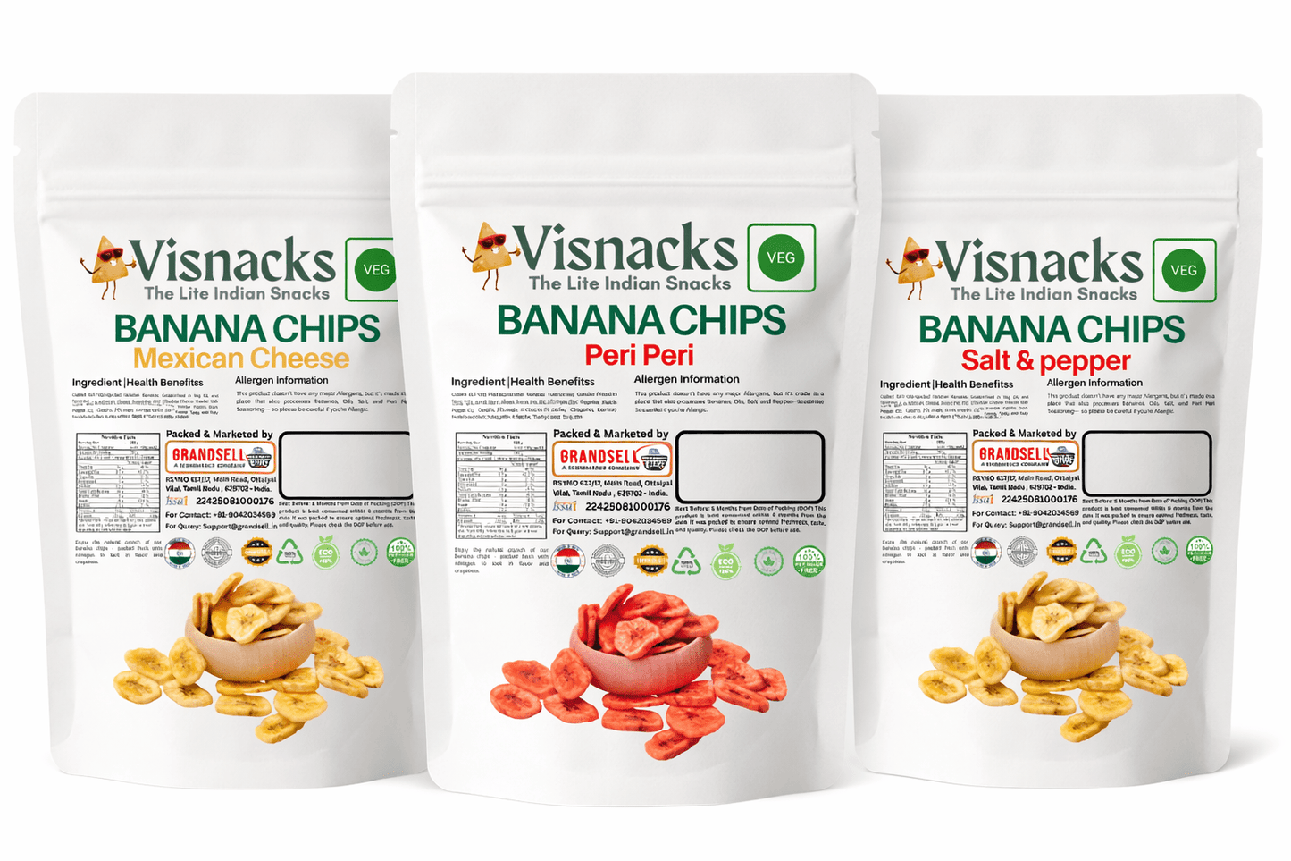 Visnacks Banana Chips – Salt & Pepper, Peri Peri & Mexican Cheese | Crunchy Indian Snacks - Grandsell