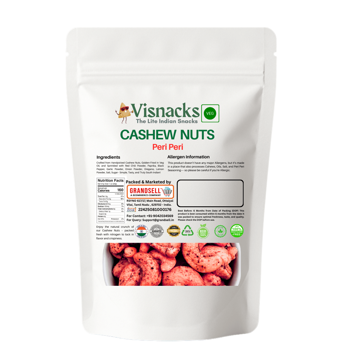 Visnacks Cashew Nuts Peri Peri 250 Grams - Grandsell